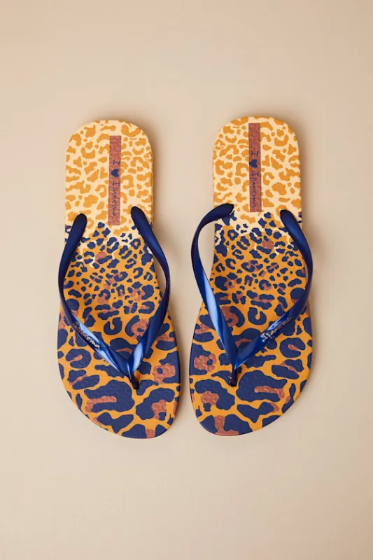 Animal Print Yellow and Pearly Blue VI Fem Flip Flops sold by Lulus
