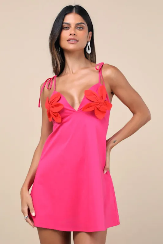Kawehi Hot Pink 3D Floral Tie-Strap Mini Dress sold by Lulus