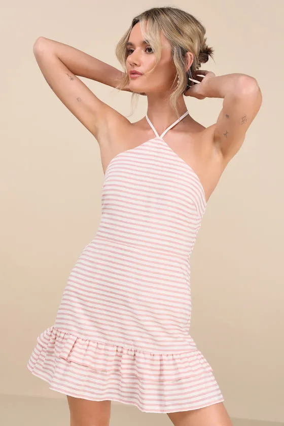 Corilie Pink and White Striped Halter Mini Dress sold by Lulus