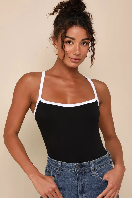 Trendy Inclination Black and White Sleeveless Cami Bodysuit sold by Lulus