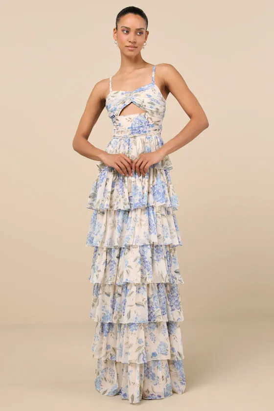 Arata Beige and Blue Floral Cutout Tiered Maxi Dress sold by Lulus