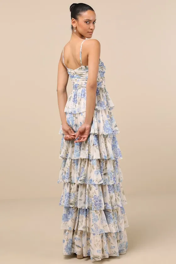 Arata Beige and Blue Floral Cutout Tiered Maxi Dress sold by Lulus product image thumbnail 2