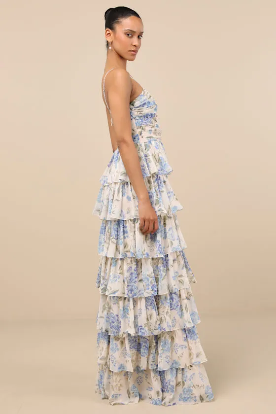 Arata Beige and Blue Floral Cutout Tiered Maxi Dress sold by Lulus product image thumbnail 3