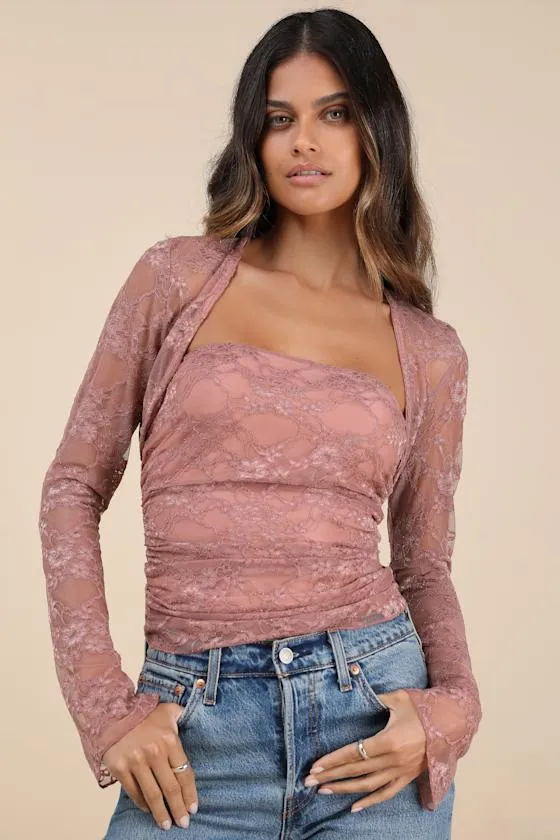 Davinia Dark Mauve Lace Tube Top and Shrug Set sold by Lulus