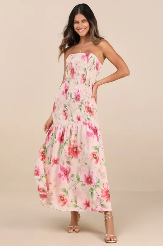 Balbina Beige Floral Smocked Drop Waist Maxi Dress sold by Lulus