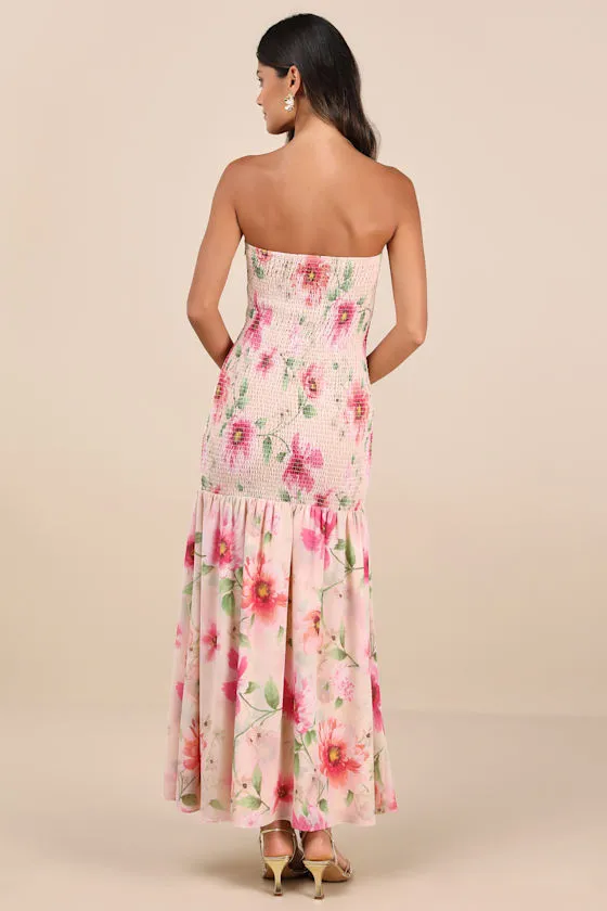Balbina Beige Floral Smocked Drop Waist Maxi Dress sold by Lulus product image thumbnail 2