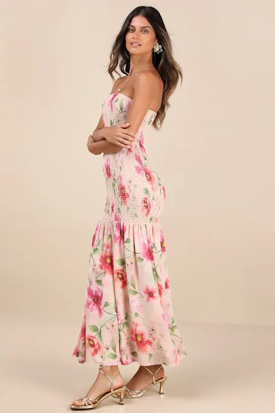 Balbina Beige Floral Smocked Drop Waist Maxi Dress sold by Lulus product image thumbnail 3