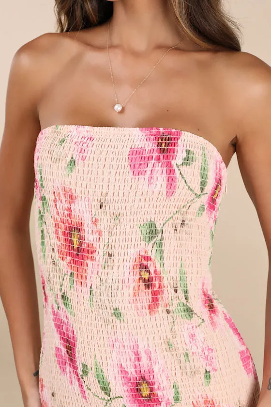 Balbina Beige Floral Smocked Drop Waist Maxi Dress sold by Lulus product image thumbnail 4