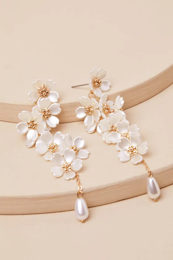 Angelisa White and Gold Flower Statement Earrings sold by Lulus