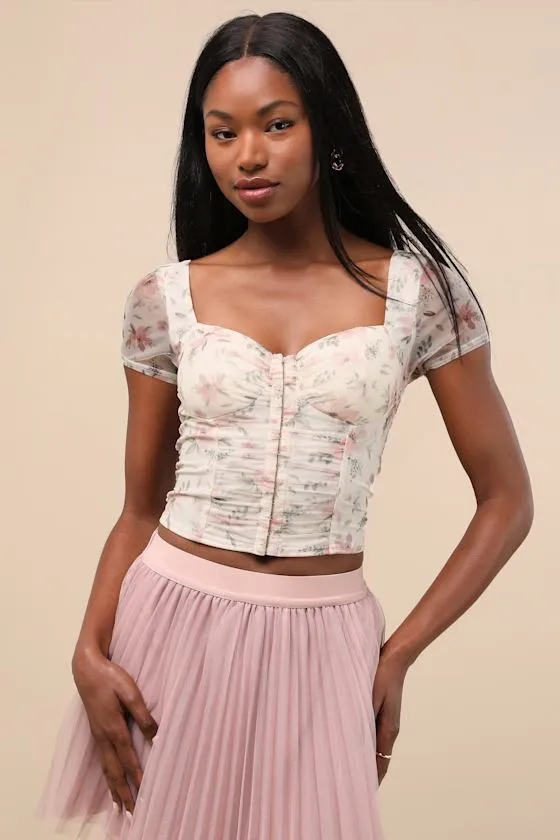 Sweeter Vibes Cream Floral Mesh Short Sleeve Bustier Crop Top sold by Lulus