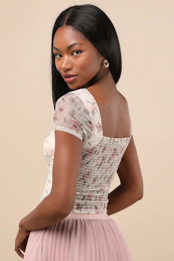 Sweeter Vibes Cream Floral Mesh Short Sleeve Bustier Crop Top sold by Lulus product image thumbnail 2
