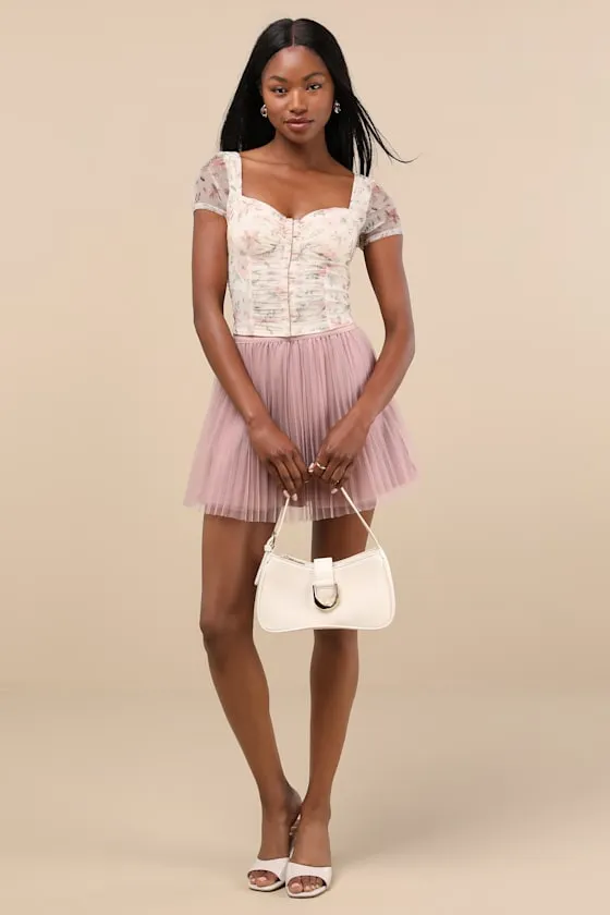 Sweeter Vibes Cream Floral Mesh Short Sleeve Bustier Crop Top sold by Lulus product image thumbnail 3