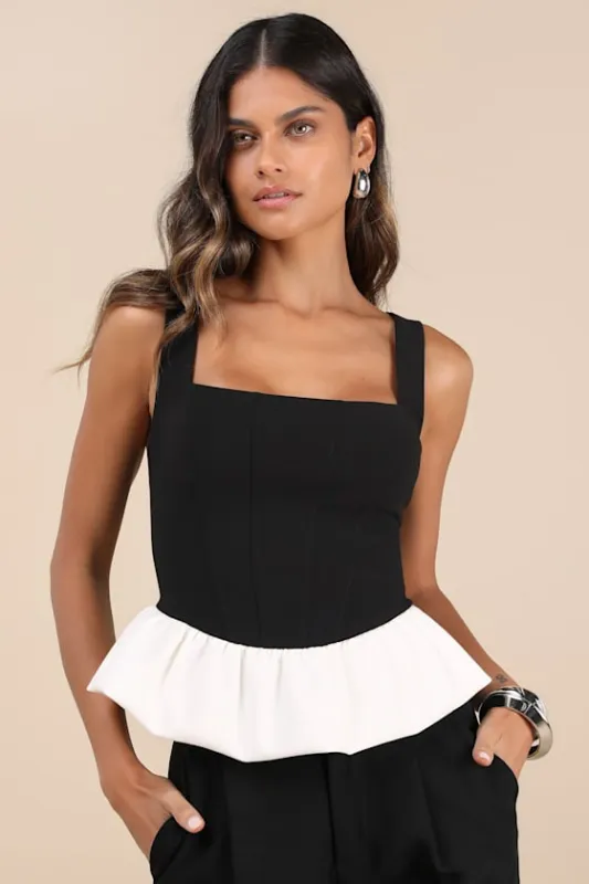 Zoja Black and White Peplum Bubble-Hem Tank Top sold by Lulus