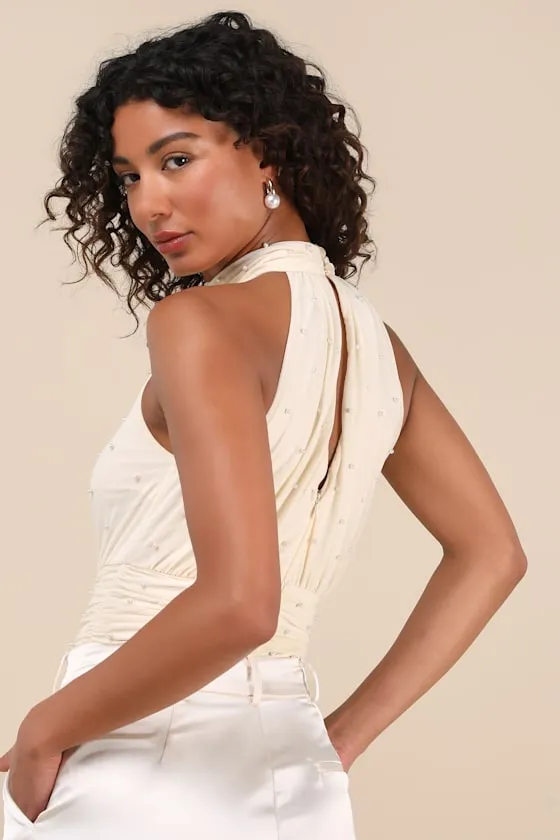 Pierina Cream Mesh Pearl Mock Neck Bodysuit sold by Lulus product image thumbnail 2