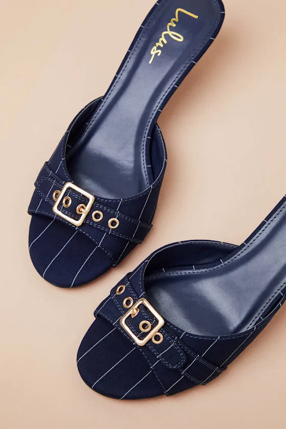 Vendela Navy Pinstriped Buckle Kitten Heel Slide Sandals sold by Lulus product image thumbnail 4
