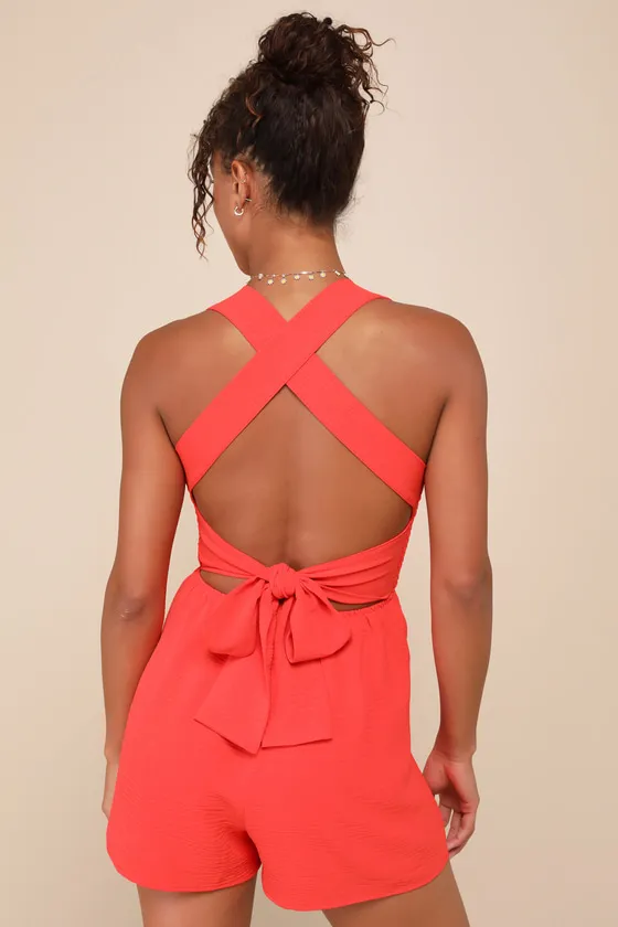 Summertime Senses Red Orange Smocked Tie-Back Romper sold by Lulus product image thumbnail 3