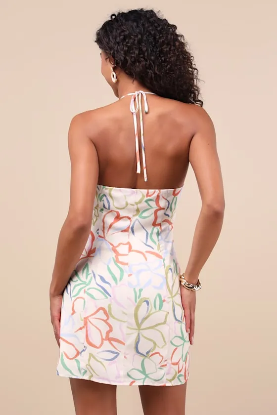 Cloelia Ivory Abstract Floral Button-Front Halter Mini Dress sold by Lulus product image thumbnail 2
