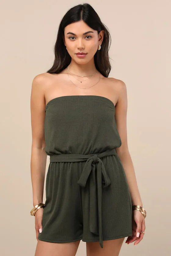 Leisurely Moments Dark Olive Ribbed Knit Strapless Lounge Romper sold by Lulus