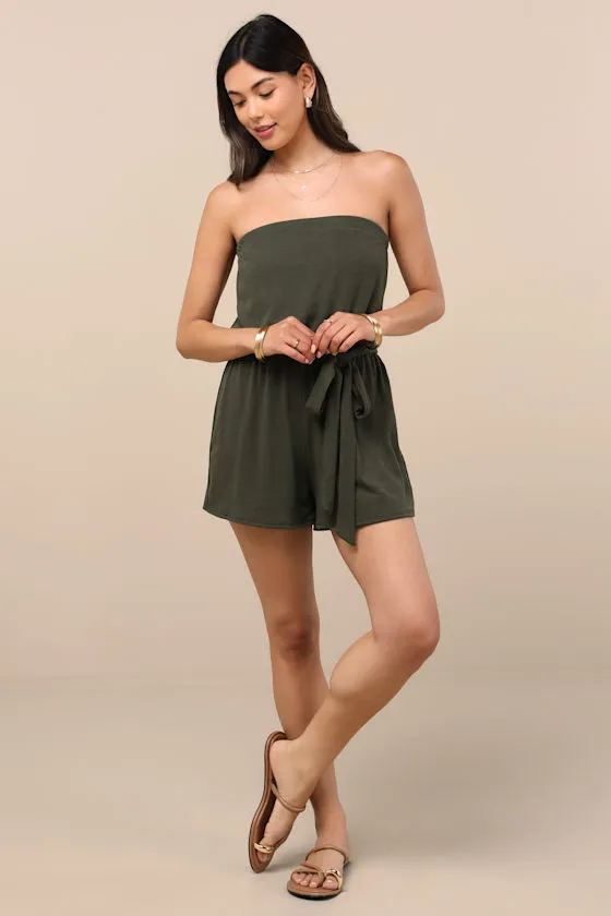 Leisurely Moments Dark Olive Ribbed Knit Strapless Lounge Romper sold by Lulus product image thumbnail 3