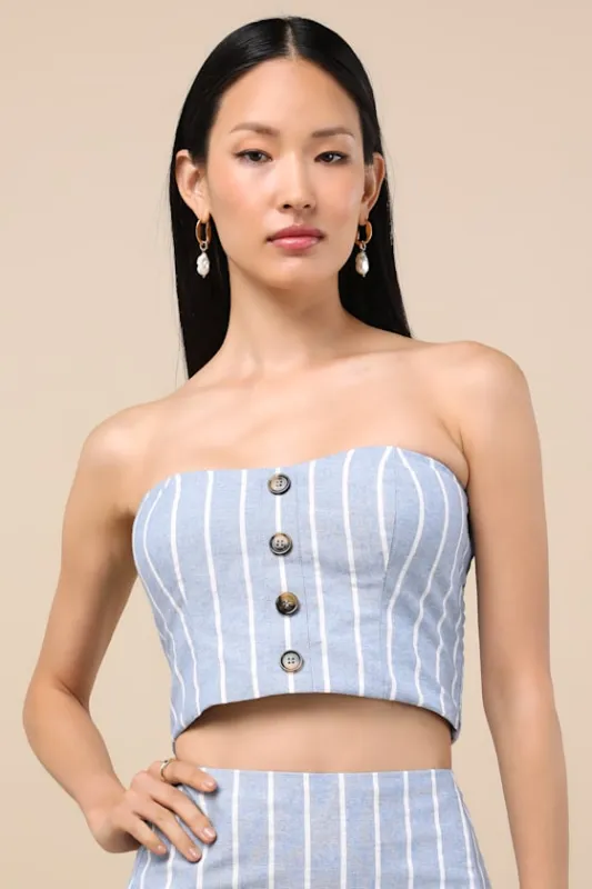 Solana Blue Striped Strapless Button-Front Top sold by Lulus