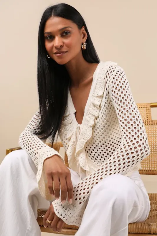 Izara Cream Crochet Knit Tie-Front Long Sleeve Top sold by Lulus