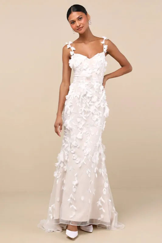Kore White and Beige 3D Floral Mermaid Maxi Dress sold by Lulus