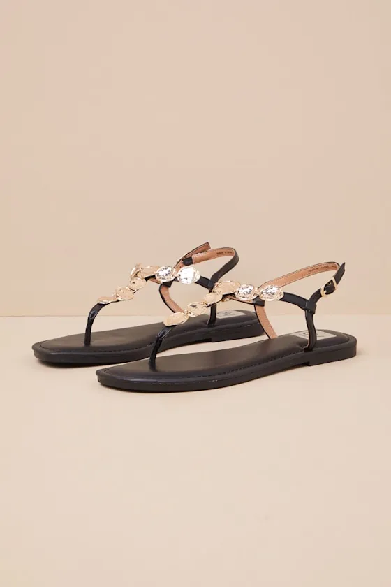 Jaime Black Embellished T-Strap Sandals sold by Lulus