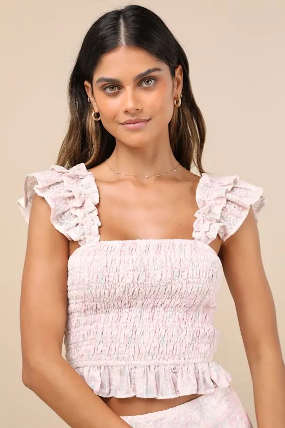 Haddie Light Pink Embroidered Smocked Crop Top sold by Lulus