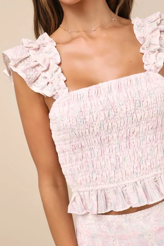 Haddie Light Pink Embroidered Smocked Crop Top sold by Lulus product image thumbnail 4
