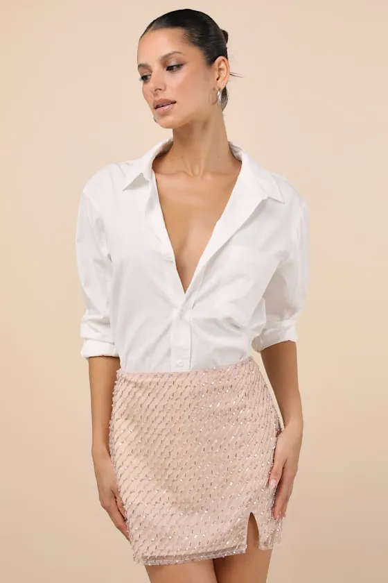 Idalia Blush Sequin High-Rise Mini Skirt sold by Lulus