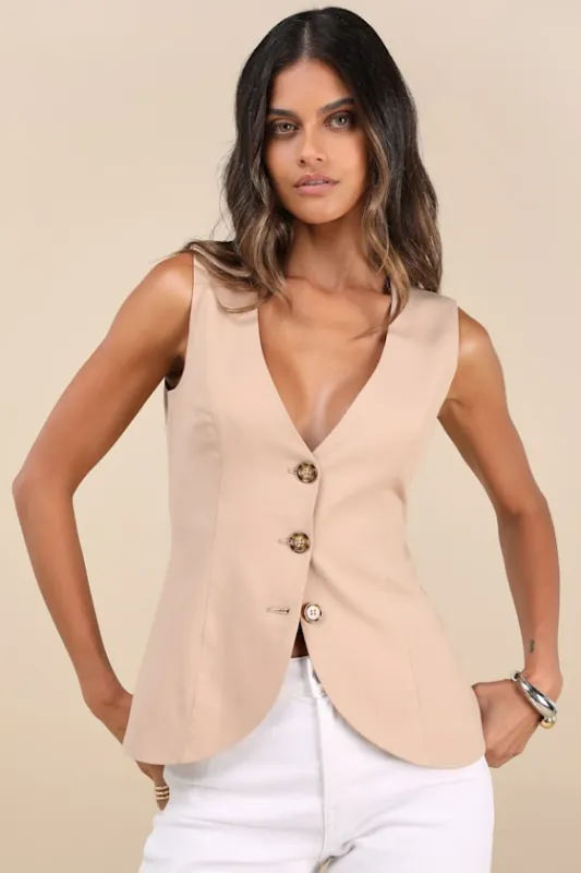 Domencia Beige Button-Front Vest Top sold by Lulus