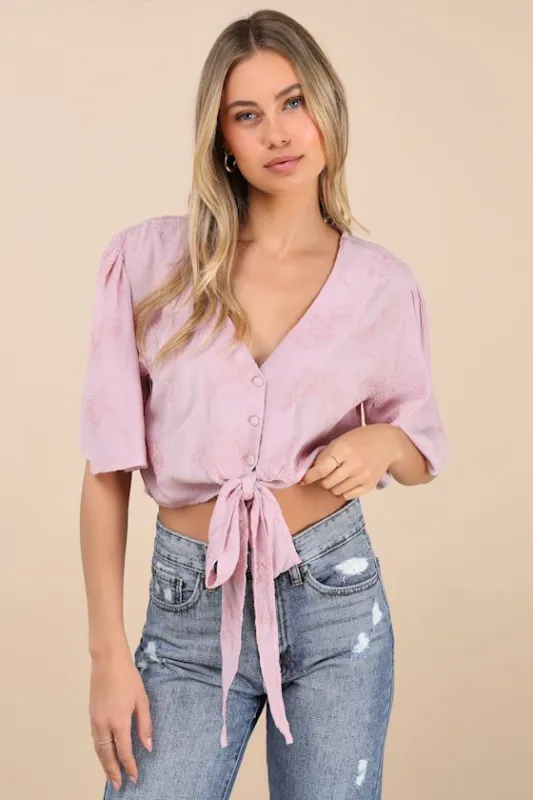 Delightful Darling Pink Floral Embroidered Tie-Front Crop Top sold by Lulus