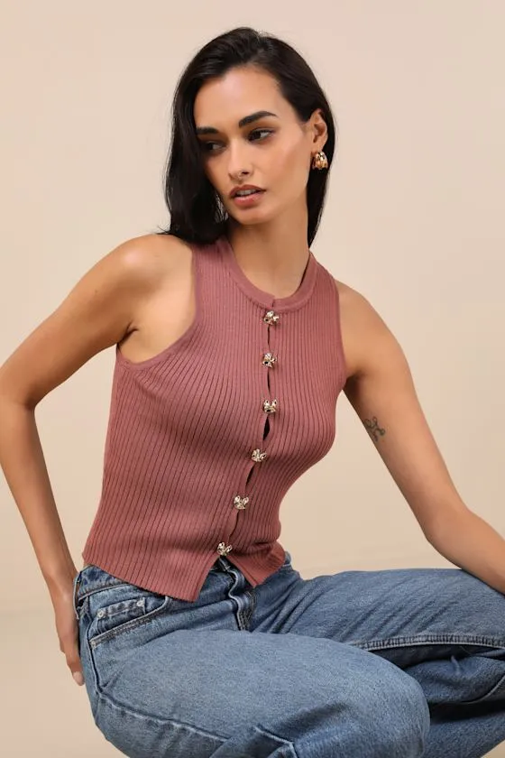 Conceptually Chic Rust Brown Ribbed Knit Button-Front Tank Top sold by Lulus