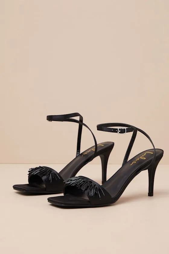 Addia Black Satin Beaded Fringe High Heel Sandals sold by Lulus product image thumbnail 2