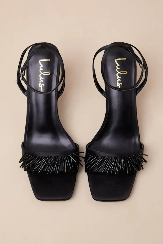 Addia Black Satin Beaded Fringe High Heel Sandals sold by Lulus product image thumbnail 4