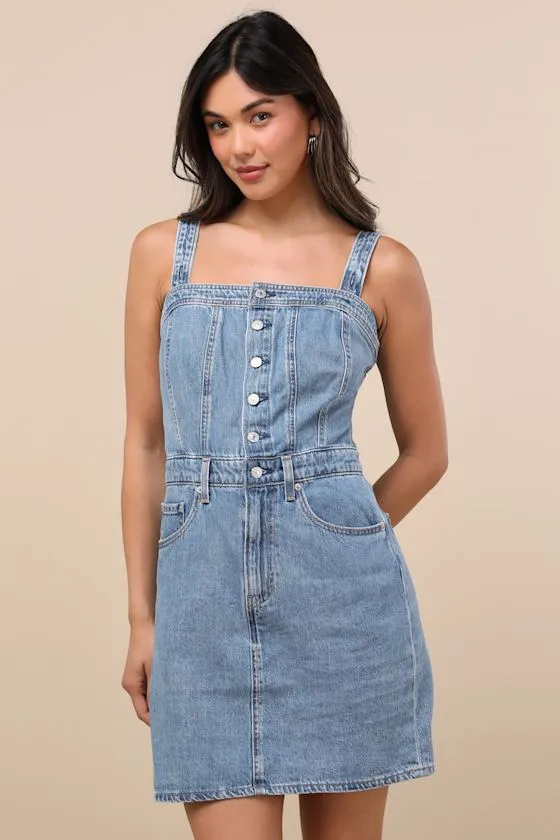 Iconic Medium Wash Denim Button-Up Mini Dress sold by Lulus