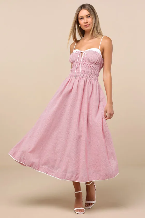 Thomas Red Gingham Smocked Sleeveless Midi Dress sold by Lulus