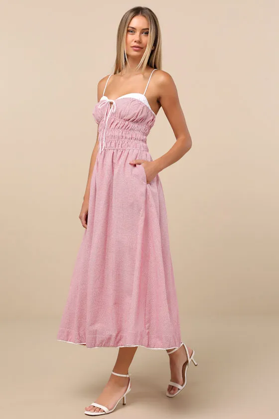 Thomas Red Gingham Smocked Sleeveless Midi Dress sold by Lulus product image thumbnail 4