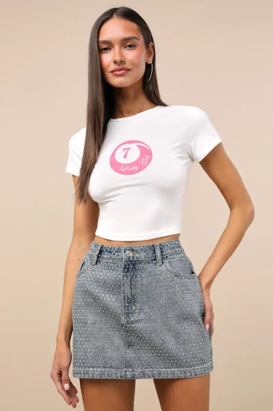 Fayla Medium Wash Denim Rhinestone Mini Skirt sold by Lulus