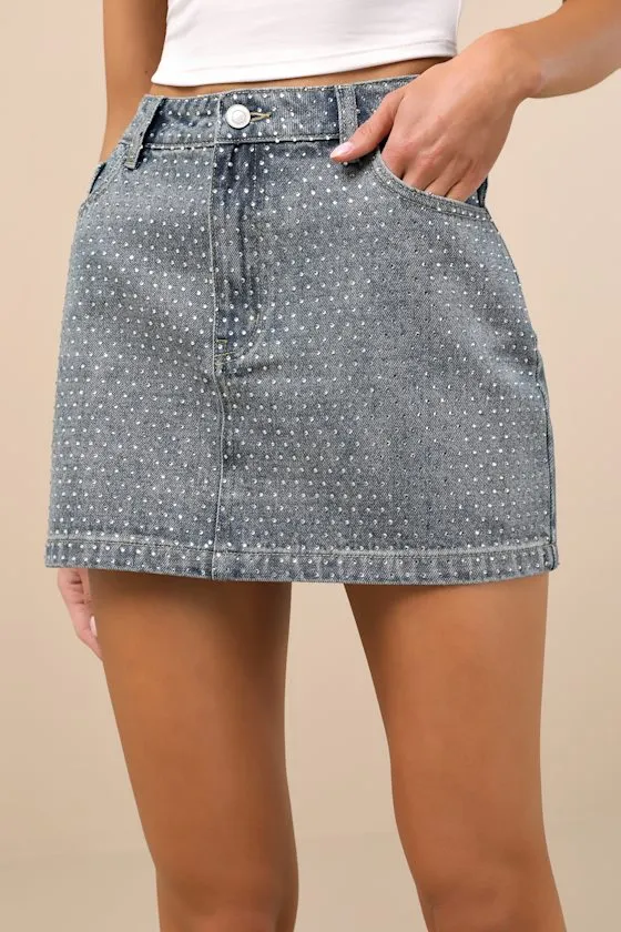 Fayla Medium Wash Denim Rhinestone Mini Skirt sold by Lulus product image thumbnail 2