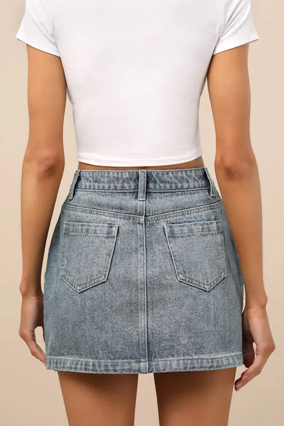 Fayla Medium Wash Denim Rhinestone Mini Skirt sold by Lulus product image thumbnail 3