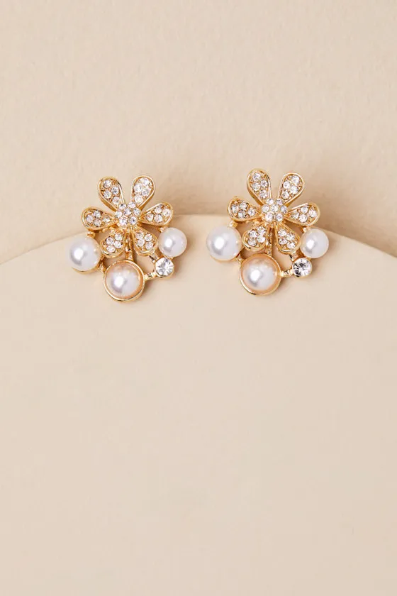Aldea Gold Rhinestone Pearl Flower Earrings sold by Lulus