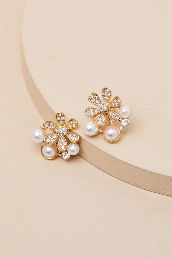 Aldea Gold Rhinestone Pearl Flower Earrings sold by Lulus product image thumbnail 2