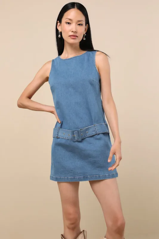 Kimberly Blue Chambray Belted Mini Dress sold by Lulus