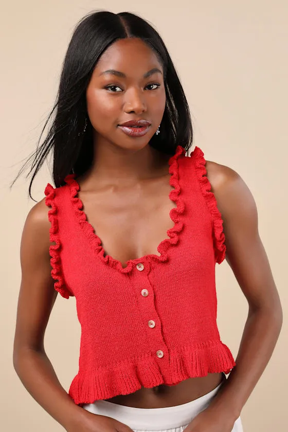 Smiling Sweetie Bright Red Knit Ruffled Sleeveless Sweater Top sold by Lulus