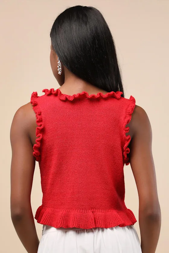 Smiling Sweetie Bright Red Knit Ruffled Sleeveless Sweater Top sold by Lulus product image thumbnail 2