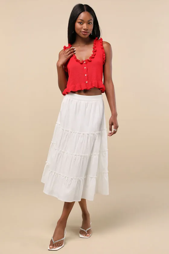 Smiling Sweetie Bright Red Knit Ruffled Sleeveless Sweater Top sold by Lulus product image thumbnail 3