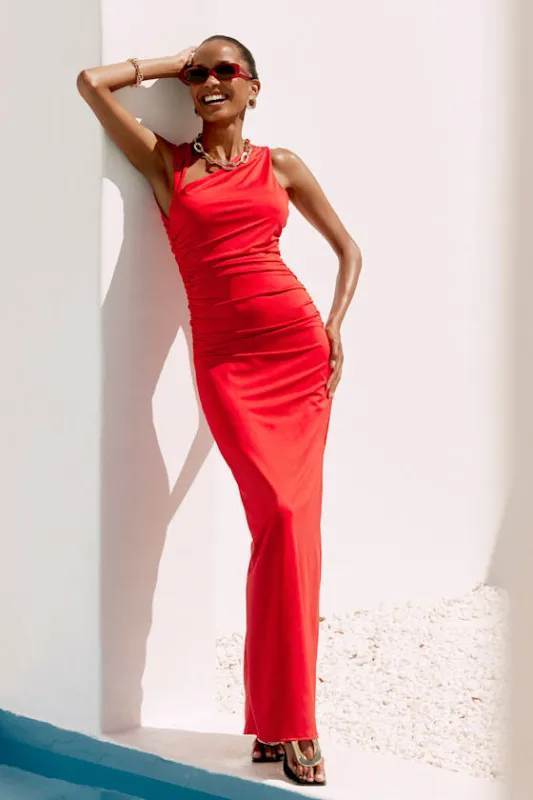 Enticing Darling Red Asymmetrical Ruched Maxi Dress sold by Lulus