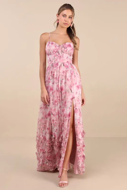 Novella Pink Floral Ruffled Bustier Lace-Up Maxi Dress sold by Lulus