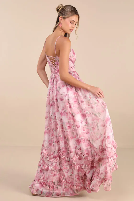 Novella Pink Floral Ruffled Bustier Lace-Up Maxi Dress sold by Lulus product image thumbnail 2